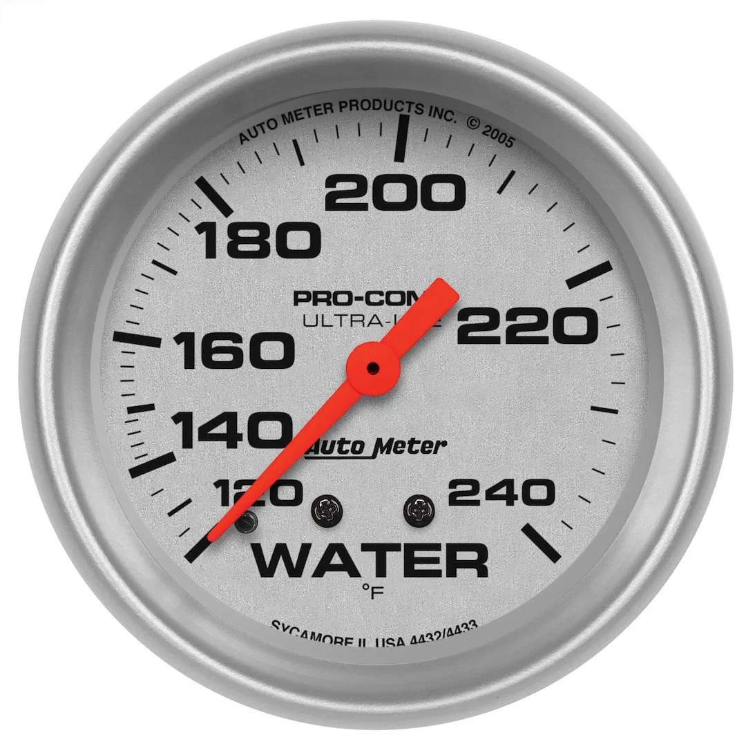 4432 – AUTO METER Gauge Water Temperature, 2-5/8 Inch Full Sweep Mechanical Analog 120-240 Degrees F Silver Face/ Bru...